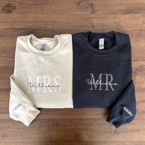 Custom Mrs. Embroidered Sweatshirt Date On Sleeve Hubby Wifey Gift For Bride Future Mrs. And Mr. Hoodie Engagement Gift Bride To Be Unique revetee 3