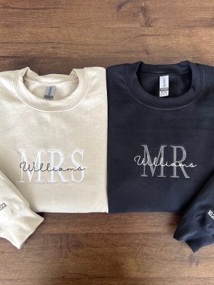 Custom Mrs. Embroidered Sweatshirt Date On Sleeve Hubby Wifey Gift For Bride Future Mrs. And Mr. Hoodie Engagement Gift Bride To Be Unique revetee 3