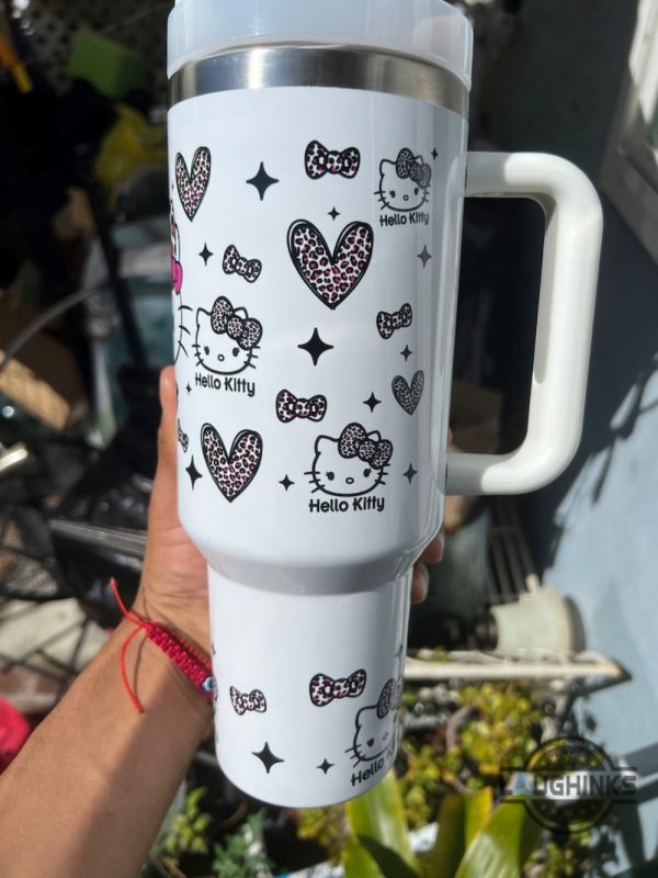 hello kitty stainless steel tumbler 40 oz sanrio cute cartoon cat stanley tumbler dupe 40oz pink hello kitty leopard pattern travel cup with handle straw lid laughinks 1