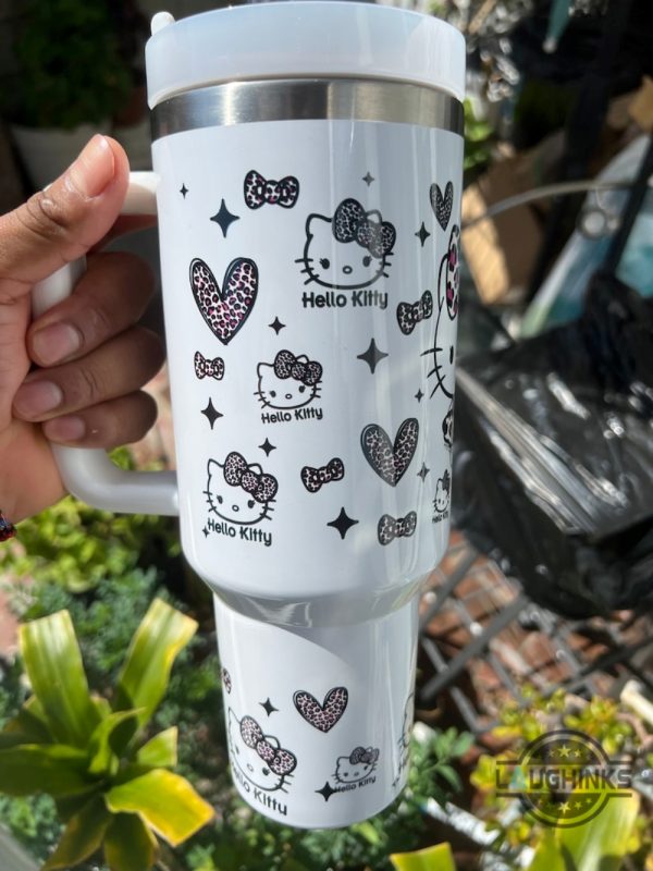 hello kitty stainless steel tumbler 40 oz sanrio cute cartoon cat stanley tumbler dupe 40oz pink hello kitty leopard pattern travel cup with handle straw lid laughinks 3