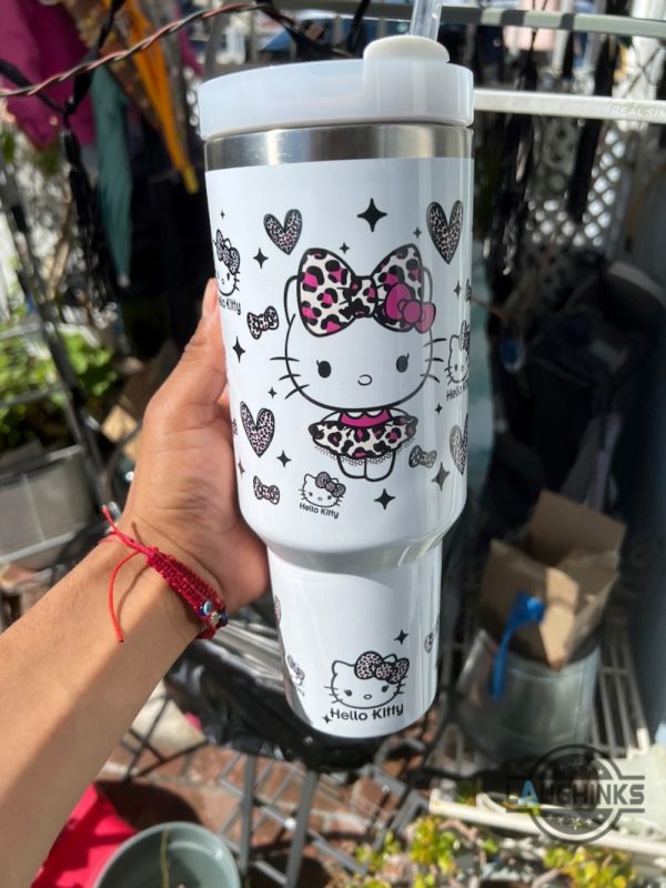 hello kitty stainless steel tumbler 40 oz sanrio cute cartoon cat stanley tumbler dupe 40oz pink hello kitty leopard pattern travel cup with handle straw lid laughinks 5
