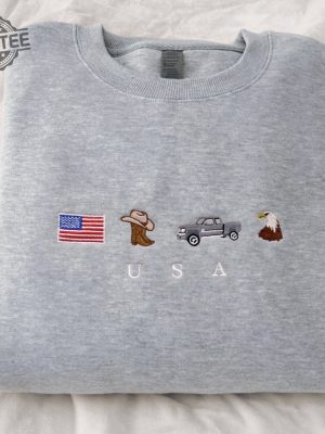 Usa Embroidered Sweatshirt United States America Crewneck Flag Cowboy Boots Cowboy Hat July 4Th Unique revetee 3