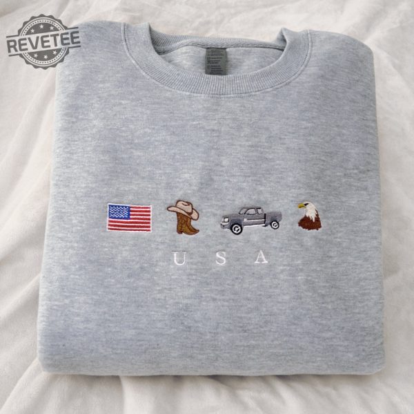 Usa Embroidered Sweatshirt United States America Crewneck Flag Cowboy Boots Cowboy Hat July 4Th Unique revetee 3