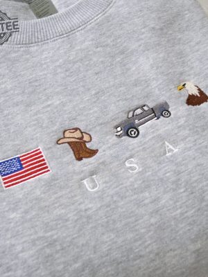 Usa Embroidered Sweatshirt United States America Crewneck Flag Cowboy Boots Cowboy Hat July 4Th Unique revetee 4