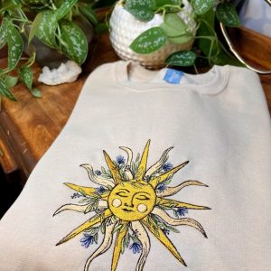 tan floral sun embroidered crewneck celestial sweatshirt boho cottagecore apparel embroidery tshirt sweatshirt hoodie gift laughinks 1