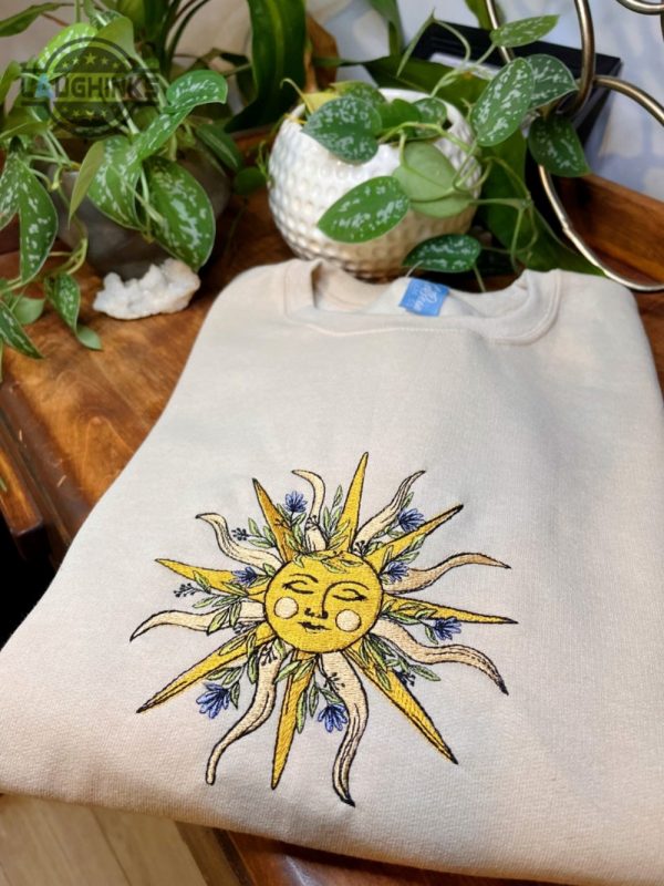 tan floral sun embroidered crewneck celestial sweatshirt boho cottagecore apparel embroidery tshirt sweatshirt hoodie gift laughinks 1 1