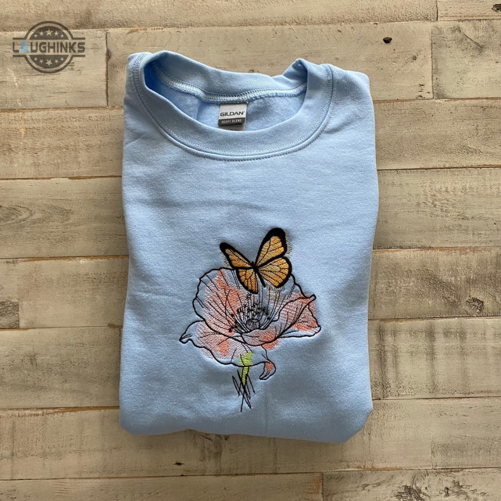 Butterfly And Poppy Embroidered Crewneck Butterfly Sweatshirt Trendy Crewneck Embroidery Tshirt Sweatshirt Hoodie Gift