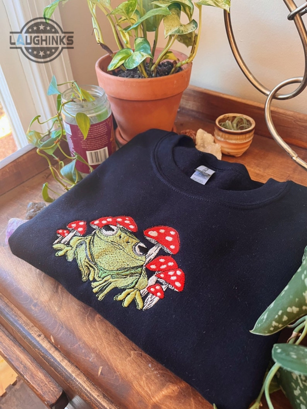 Black Frog Mushroom Crewneck  Embroidered Sweatshirt  Mushroom Hippie Apparel Embroidery Tshirt Sweatshirt Hoodie Gift