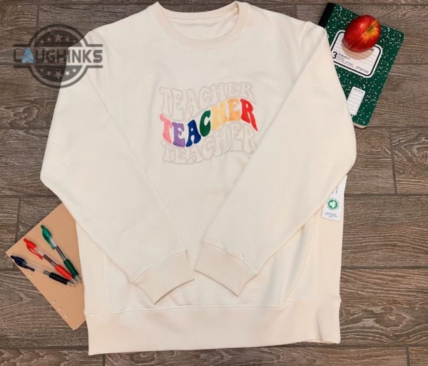 teachers save the world trendy custom embroidered crewneck sweatshirt rainbow retro crewneck sweatshirt embroidery tshirt sweatshirt hoodie gift laughinks 1 2