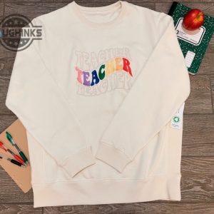 teachers save the world trendy custom embroidered crewneck sweatshirt rainbow retro crewneck sweatshirt embroidery tshirt sweatshirt hoodie gift laughinks 1 3