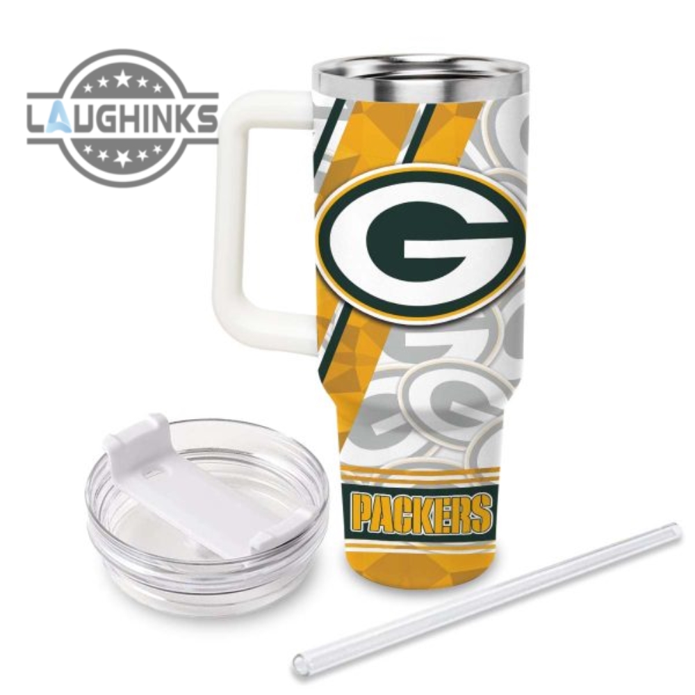 Custom Name Packers Pattern 40Oz Stainless Steel Tumbler With Handle And Straw Lid Personalized Stanley Tumbler Dupe 40 Oz Stainless Steel Travel Cups