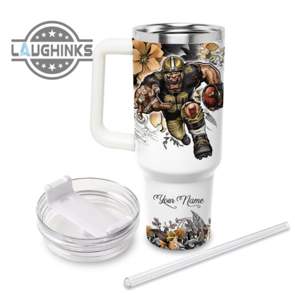 Custom Name Just A Girl Loves Saints Mascot Flower Pattern 40Oz Stainless Steel Tumbler With Handle And Straw Lid Personalized Stanley Tumbler Dupe 40 Oz Stainless Steel Travel Cups