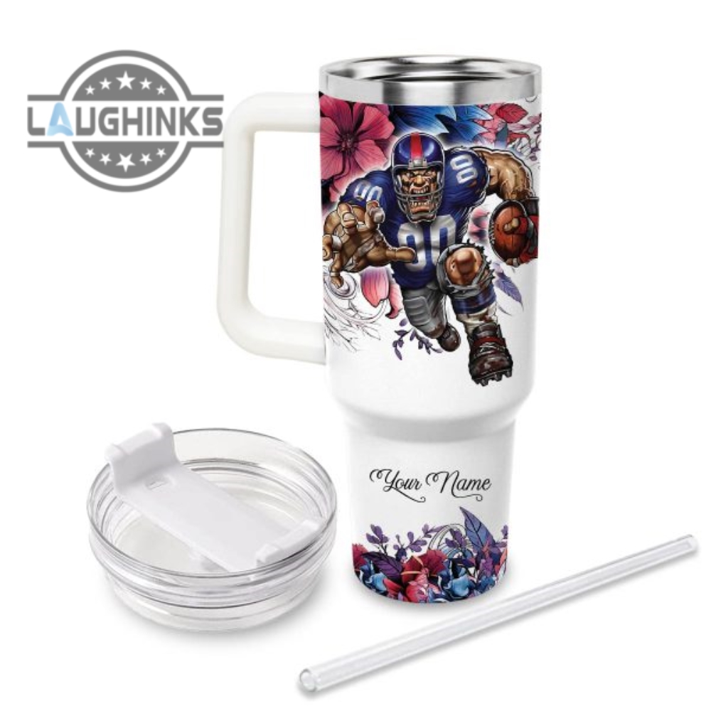 Custom Name Just A Girl Loves Ny Giants Mascot Flower Pattern 40Oz Stainless Steel Tumbler With Handle And Straw Lid Personalized Stanley Tumbler Dupe 40 Oz Stainless Steel Travel Cups