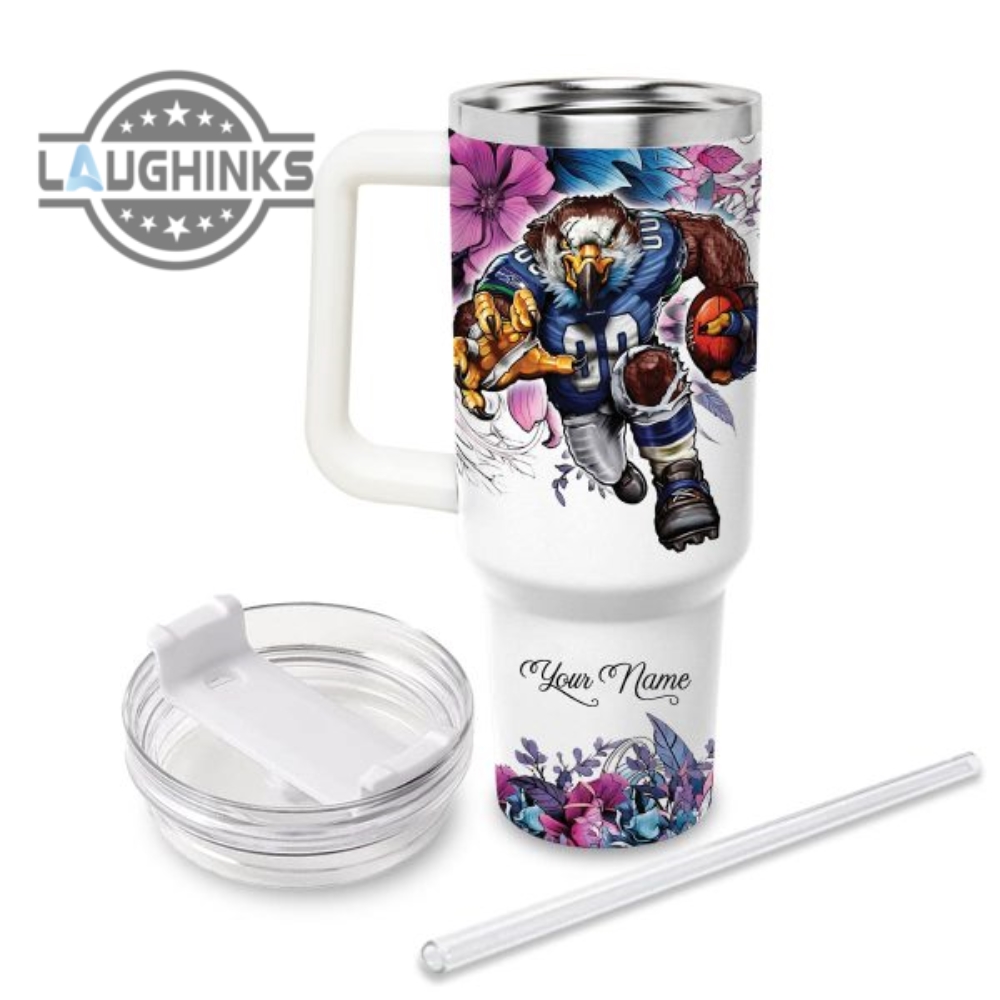 Custom Name Just A Girl Loves Seahawks Mascot Flower Pattern 40Oz Stainless Steel Tumbler With Handle And Straw Lid Personalized Stanley Tumbler Dupe 40 Oz Stainless Steel Travel Cups