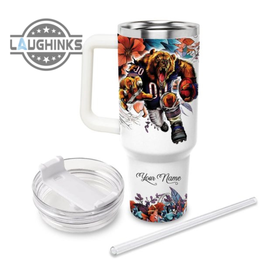 Custom Name Just A Girl Loves Bears Mascot Flower Pattern 40Oz Stainless Steel Tumbler With Handle And Straw Lid Personalized Stanley Tumbler Dupe 40 Oz Stainless Steel Travel Cups