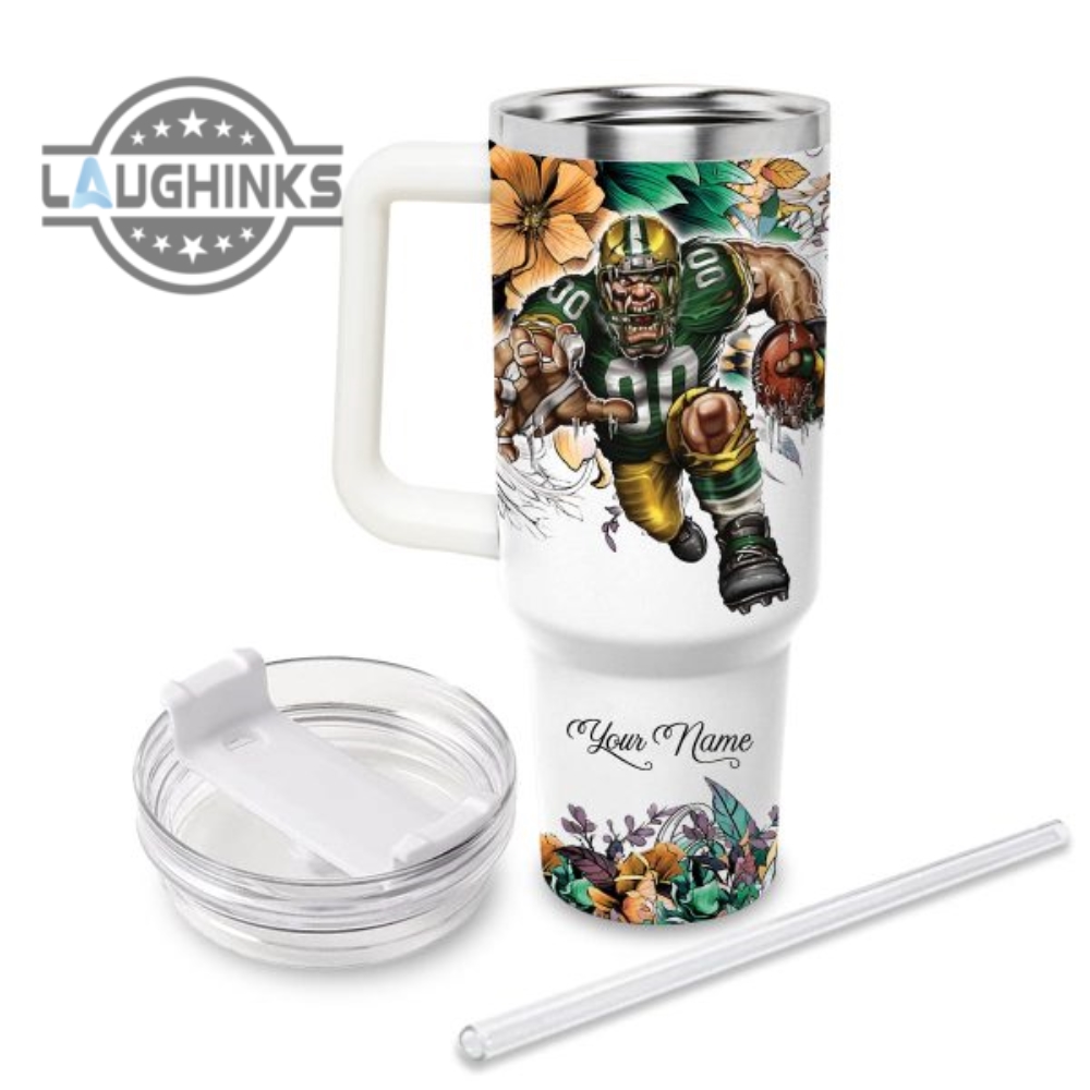 Custom Name Just A Girl Loves Packers Mascot Flower Pattern 40Oz Stainless Steel Tumbler With Handle And Straw Lid Personalized Stanley Tumbler Dupe 40 Oz Stainless Steel Travel Cups