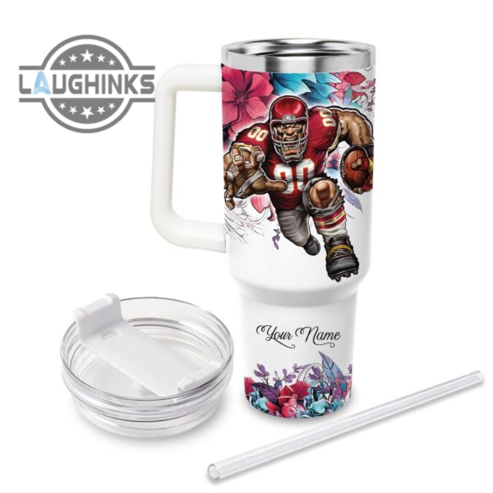 Custom Name Just A Girl Loves Kc Chiefs Mascot Flower Pattern 40Oz Stainless Steel Tumbler With Handle And Straw Lid Personalized Stanley Tumbler Dupe 40 Oz Stainless Steel Travel Cups