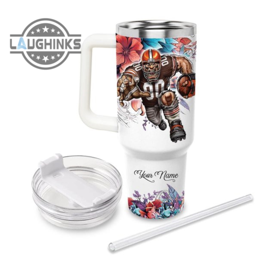 Custom Name Just A Girl Loves Browns Mascot Flower Pattern 40Oz Stainless Steel Tumbler With Handle And Straw Lid Personalized Stanley Tumbler Dupe 40 Oz Stainless Steel Travel Cups
