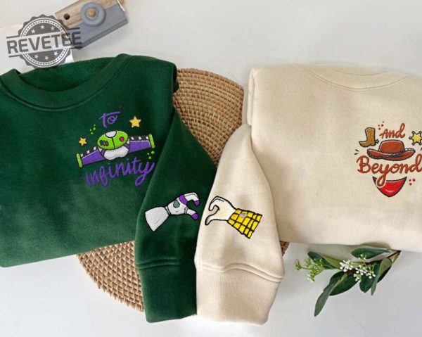 To Infinity Couple Woody Buzz Embroidery Sweatshirt Pizza Embroidered Sweatshirt 2024 Family Trip Customize Name Embroider Sweater Gifts revetee 1