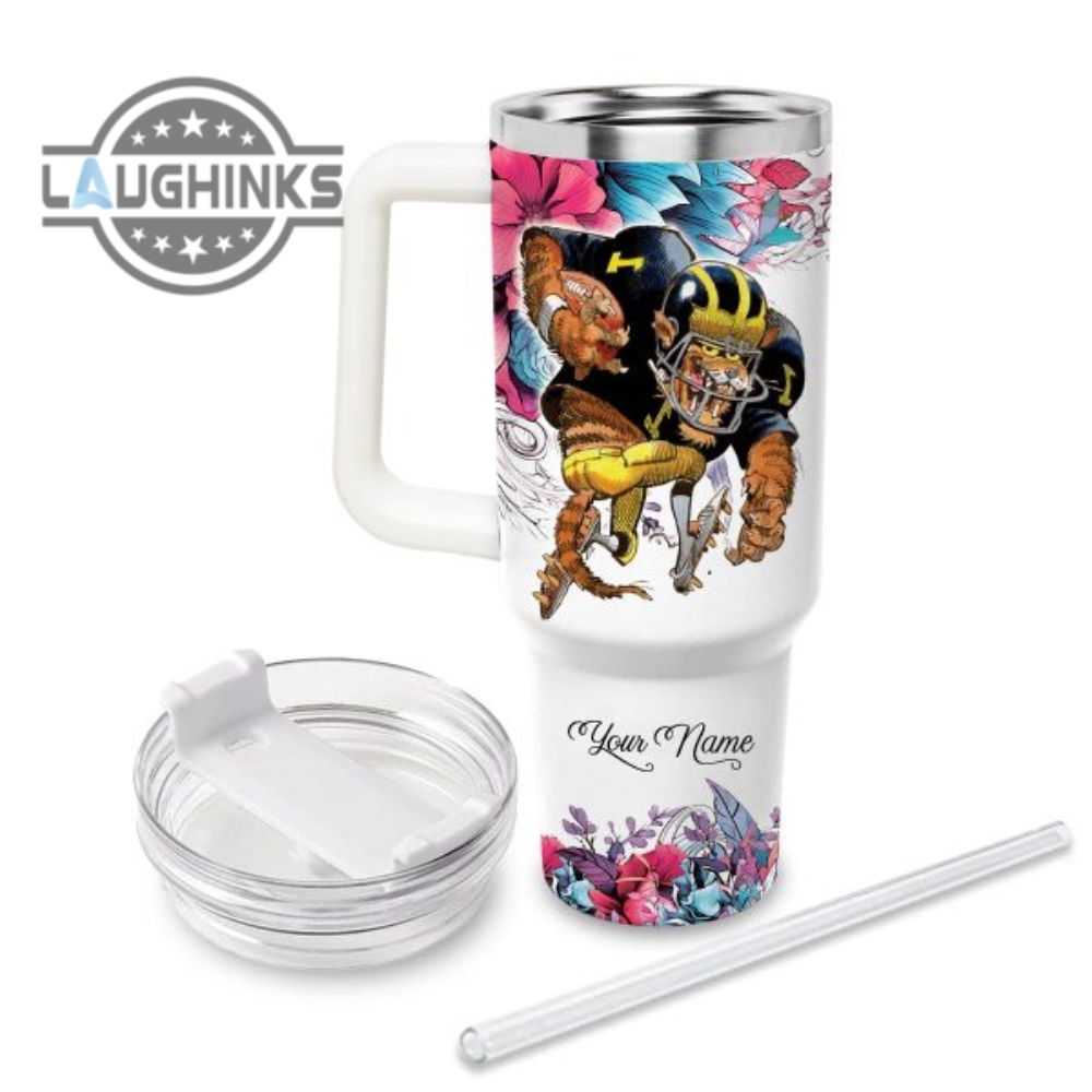 Custom Name Just A Girl Loves Wolverines Mascot Flower Pattern 40Oz Stainless Steel Tumbler With Handle And Straw Lid Personalized Stanley Tumbler Dupe 40 Oz Stainless Steel Travel Cups