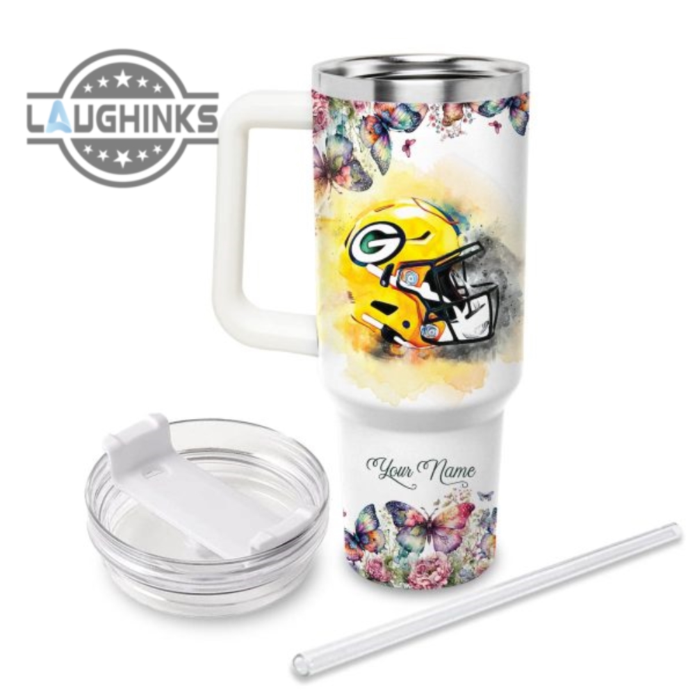 Custom Name Faith In Packers Flower Butterflies Pattern 40Oz Stainless Steel Tumbler With Handle And Straw Lid Personalized Stanley Tumbler Dupe 40 Oz Stainless Steel Travel Cups