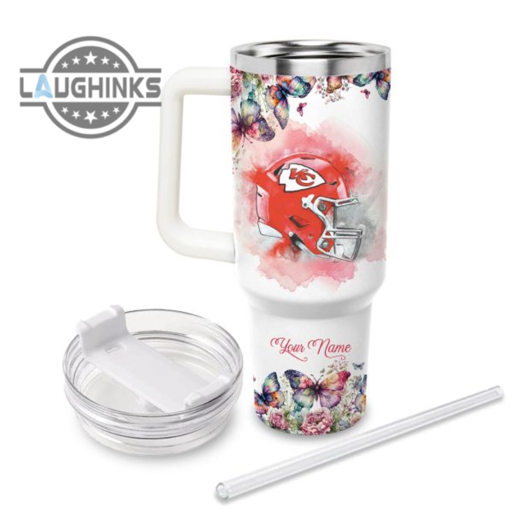 Custom Name Faith In Chiefs Flower Butterflies Pattern 40Oz Stainless Steel Tumbler With Handle And Straw Lid Personalized Stanley Tumbler Dupe 40 Oz Stainless Steel Travel Cups