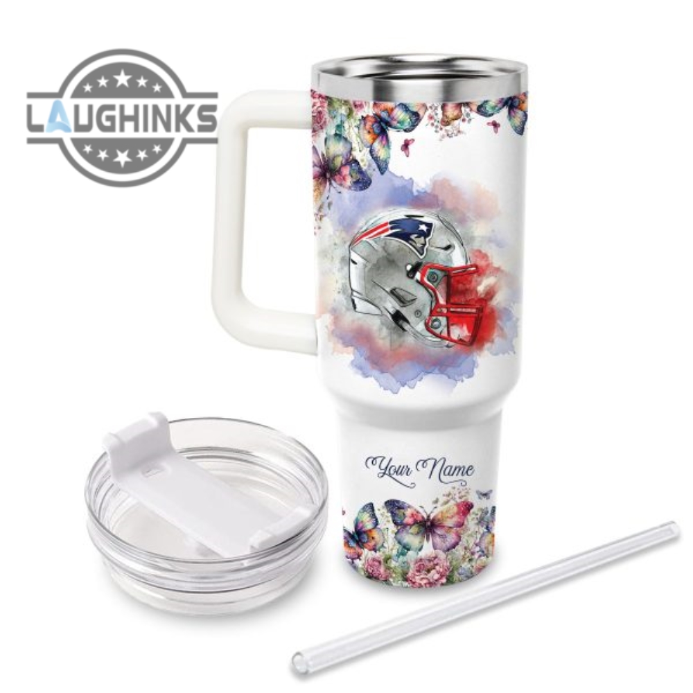 Custom Name Faith In Patriots Flower Butterflies Pattern 40Oz Stainless Steel Tumbler With Handle And Straw Lid Personalized Stanley Tumbler Dupe 40 Oz Stainless Steel Travel Cups