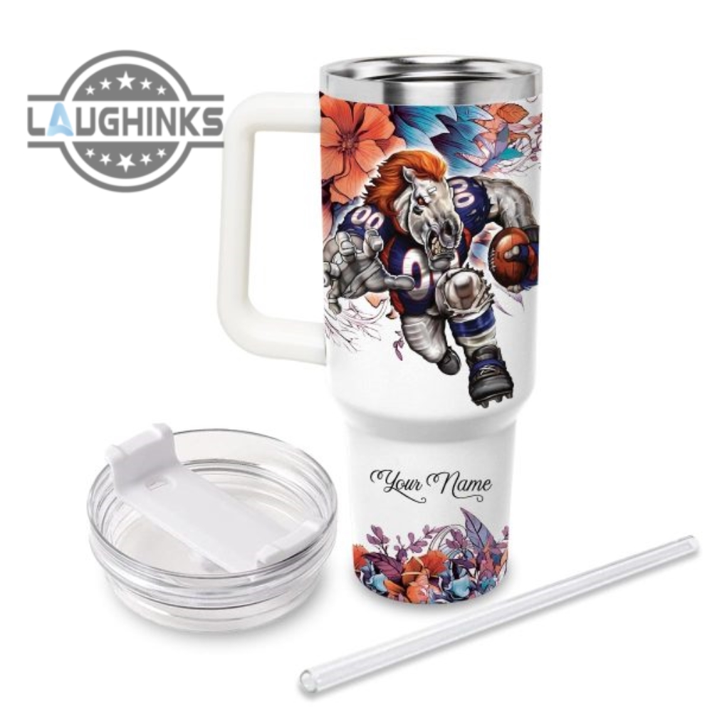 Custom Name Just A Girl Loves Broncos Mascot Flower Pattern 40Oz Stainless Steel Tumbler With Handle And Straw Lid Personalized Stanley Tumbler Dupe 40 Oz Stainless Steel Travel Cups