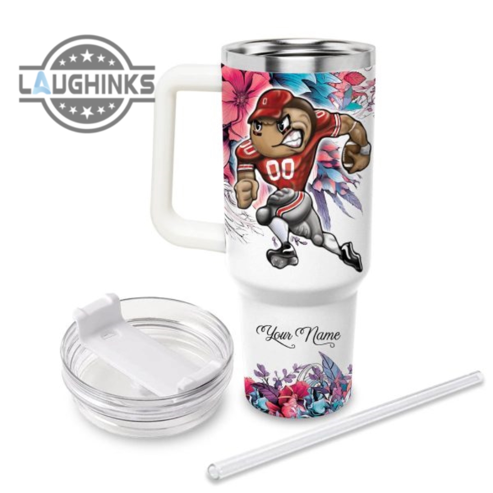 Custom Name Just A Girl Loves Buckeyes Mascot Flower Pattern 40Oz Stainless Steel Tumbler With Handle And Straw Lid Personalized Stanley Tumbler Dupe 40 Oz Stainless Steel Travel Cups