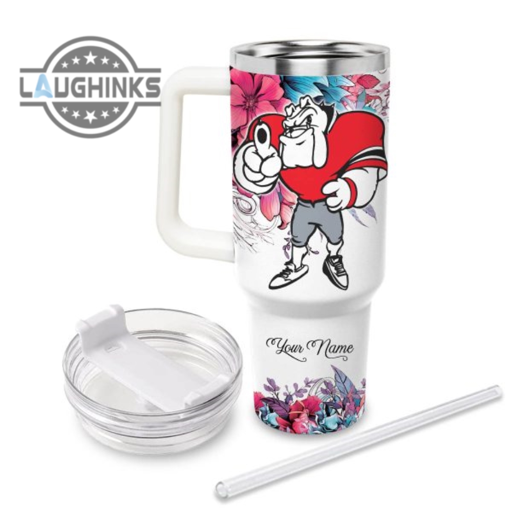 Custom Name Just A Girl Loves Bulldogs Mascot Flower Pattern 40Oz Stainless Steel Tumbler With Handle And Straw Lid Personalized Stanley Tumbler Dupe 40 Oz Stainless Steel Travel Cups