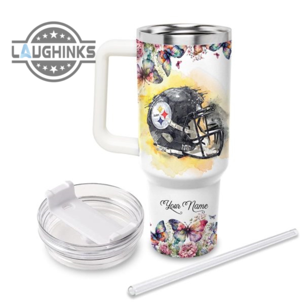 Custom Name Faith In Steelers Flower Butterflies Pattern 40Oz Stainless Steel Tumbler With Handle And Straw Lid Personalized Stanley Tumbler Dupe 40 Oz Stainless Steel Travel Cups