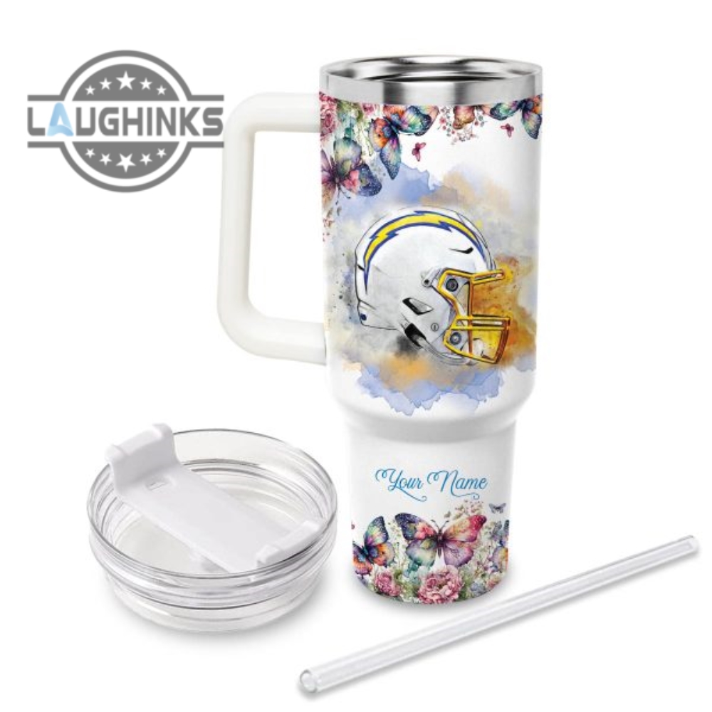 Custom Name Faith In Chargers Flower Butterflies Pattern 40Oz Stainless Steel Tumbler With Handle And Straw Lid Personalized Stanley Tumbler Dupe 40 Oz Stainless Steel Travel Cups