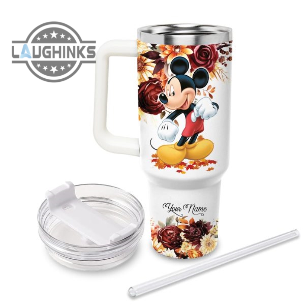 Custom Name Mickey Mouse Flannels Pumpkins Bonfires Fall Theme Pattern 40Oz Tumbler With Handle And Straw Lid Personalized Stanley Tumbler Dupe 40 Oz Stainless Steel Travel Cups