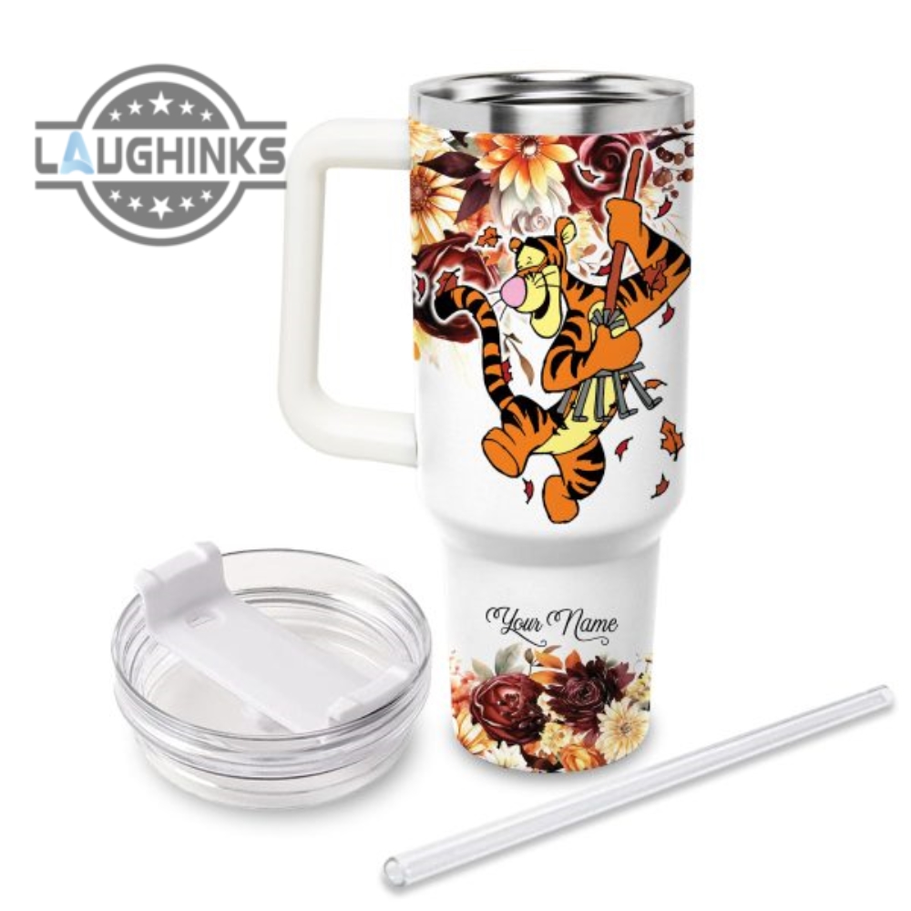 Custom Name Tigger Flannels Pumpkins Bonfires Fall Theme Pattern 40Oz Tumbler With Handle And Straw Lid Personalized Stanley Tumbler Dupe 40 Oz Stainless Steel Travel Cups