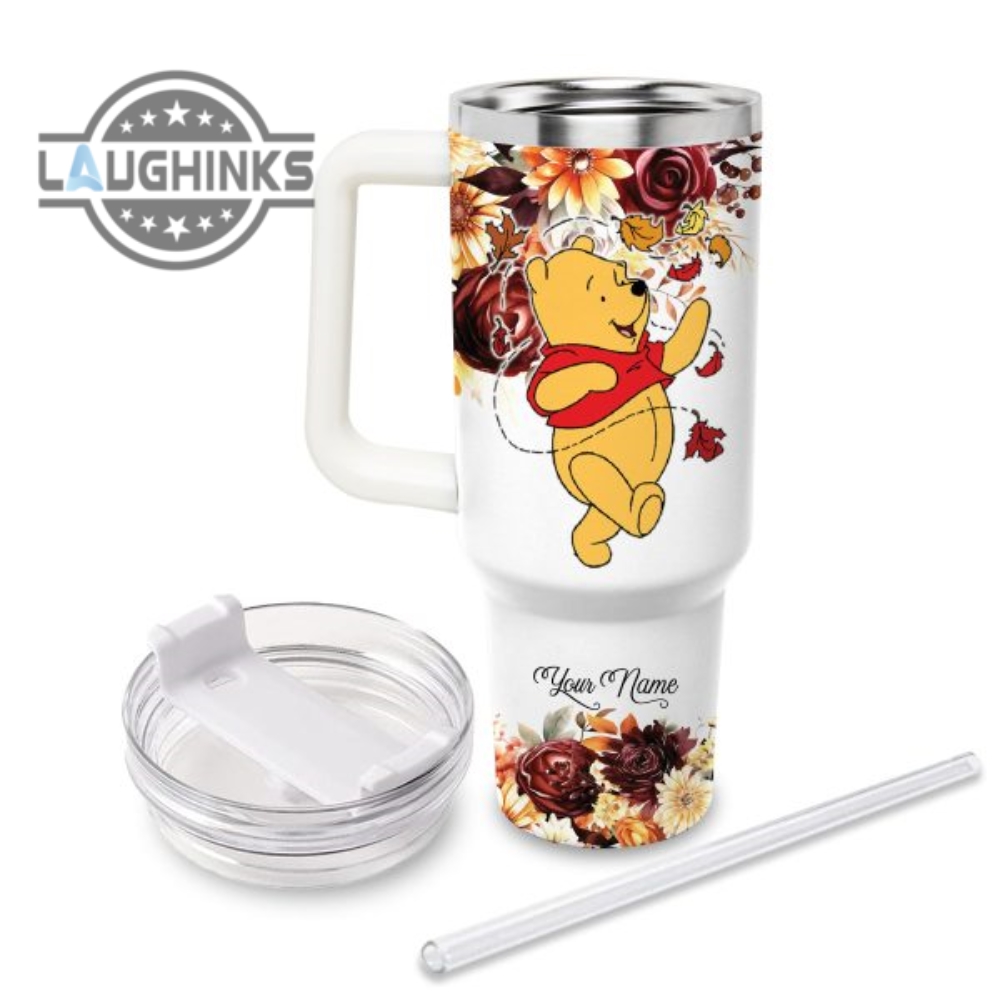 Custom Name Winnie The Pooh Flannels Pumpkins Bonfires Fall Theme Pattern 40Oz Tumbler With Handle And Straw Lid Personalized Stanley Tumbler Dupe 40 Oz Stainless Steel Travel Cups
