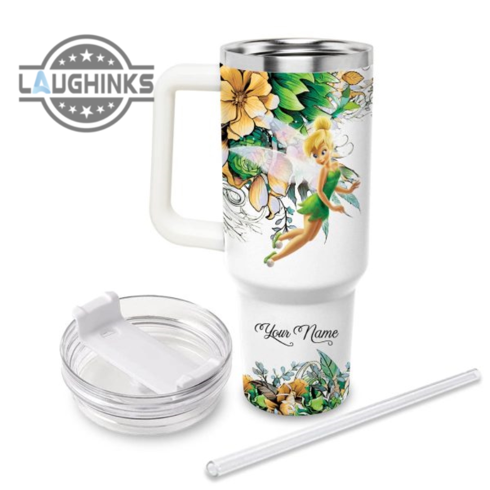 Custom Name Just A Girl Loves Tinker Bell Flower Pattern 40Oz Tumbler With Handle And Straw Lid Personalized Stanley Tumbler Dupe 40 Oz Stainless Steel Travel Cups
