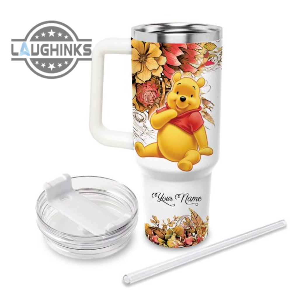 Custom Name Just A Girl Loves Winnie The Pooh Flower Pattern 40Oz Tumbler With Handle And Straw Lid Personalized Stanley Tumbler Dupe 40 Oz Stainless Steel Travel Cups