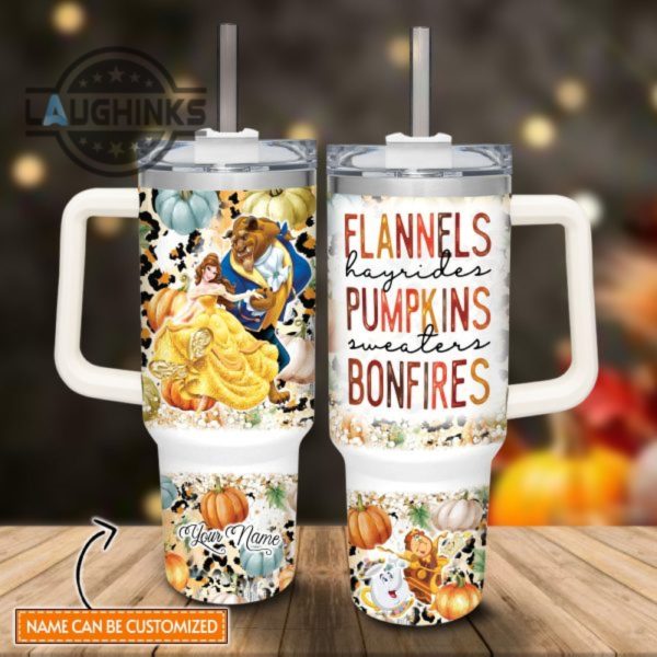 custom name beauty the beast flannels pumpkins bonfires pattern 40oz stainless steel tumbler with handle and straw lid personalized stanley tumbler dupe 40 oz stainless steel travel cups laughinks 1