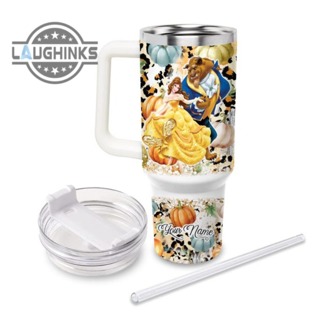 Custom Name Beauty  The Beast Flannels Pumpkins Bonfires Pattern 40Oz Stainless Steel Tumbler With Handle And Straw Lid Personalized Stanley Tumbler Dupe 40 Oz Stainless Steel Travel Cups