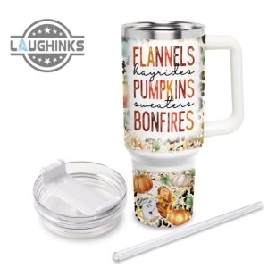 custom name beauty the beast flannels pumpkins bonfires pattern 40oz stainless steel tumbler with handle and straw lid personalized stanley tumbler dupe 40 oz stainless steel travel cups laughinks 1 2