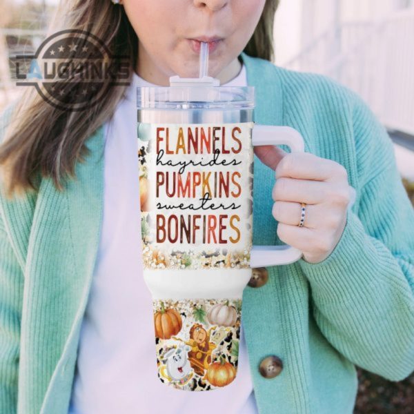 custom name beauty the beast flannels pumpkins bonfires pattern 40oz stainless steel tumbler with handle and straw lid personalized stanley tumbler dupe 40 oz stainless steel travel cups laughinks 1 4