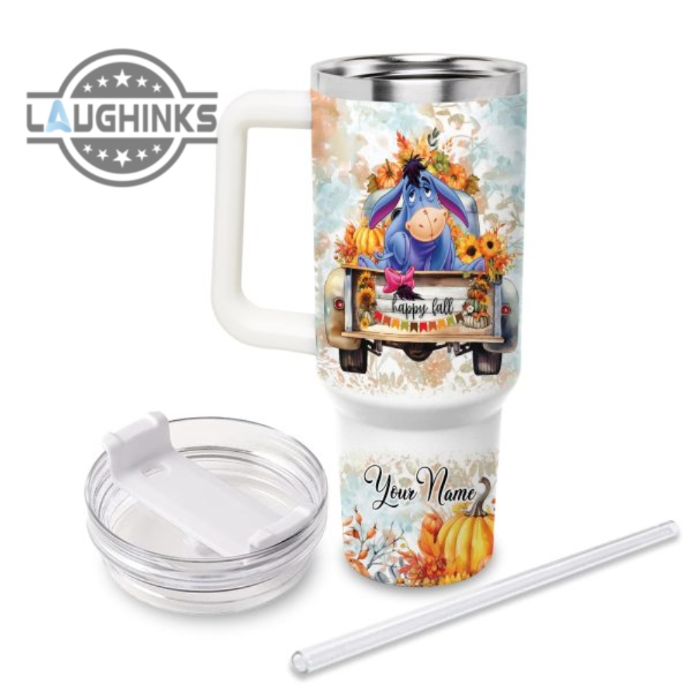 Custom Name Eeyore Happy Fall Pumpkin Flower Pattern 40Oz Tumbler With Handle And Straw Lid Personalized Stanley Tumbler Dupe 40 Oz Stainless Steel Travel Cups