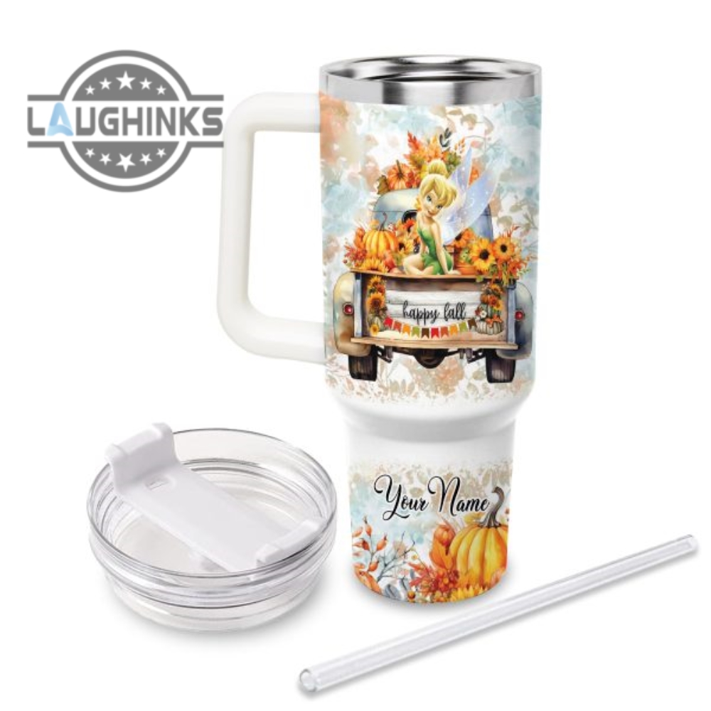 Custom Name Tinker Bell Happy Fall Pumpkin Flower Pattern 40Oz Tumbler With Handle And Straw Lid Personalized Stanley Tumbler Dupe 40 Oz Stainless Steel Travel Cups