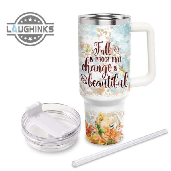 custom name tinker bell happy fall pumpkin flower pattern 40oz tumbler with handle and straw lid personalized stanley tumbler dupe 40 oz stainless steel travel cups laughinks 1 2