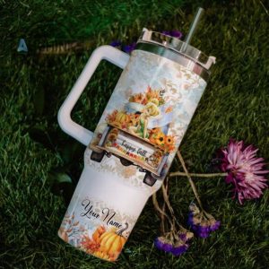 custom name tinker bell happy fall pumpkin flower pattern 40oz tumbler with handle and straw lid personalized stanley tumbler dupe 40 oz stainless steel travel cups laughinks 1 5