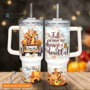 custom name tigger happy fall pumpkin flower pattern 40oz tumbler with handle and straw lid personalized stanley tumbler dupe 40 oz stainless steel travel cups laughinks 1