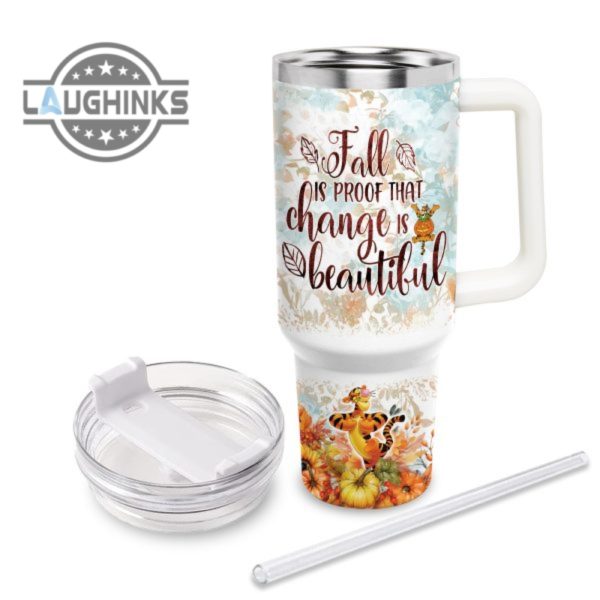 custom name tigger happy fall pumpkin flower pattern 40oz tumbler with handle and straw lid personalized stanley tumbler dupe 40 oz stainless steel travel cups laughinks 1 2
