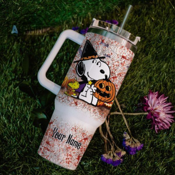 custom name snoopy halloween costume its spooky season 40oz stainless steel tumbler with handle and straw lid personalized stanley tumbler dupe 40 oz stainless steel travel cups laughinks 1 5