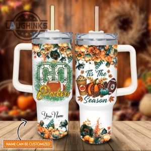 custom name go packers tis the season flower pattern 40oz stainless steel tumbler with handle and straw lid personalized stanley tumbler dupe 40 oz stainless steel travel cups laughinks 1