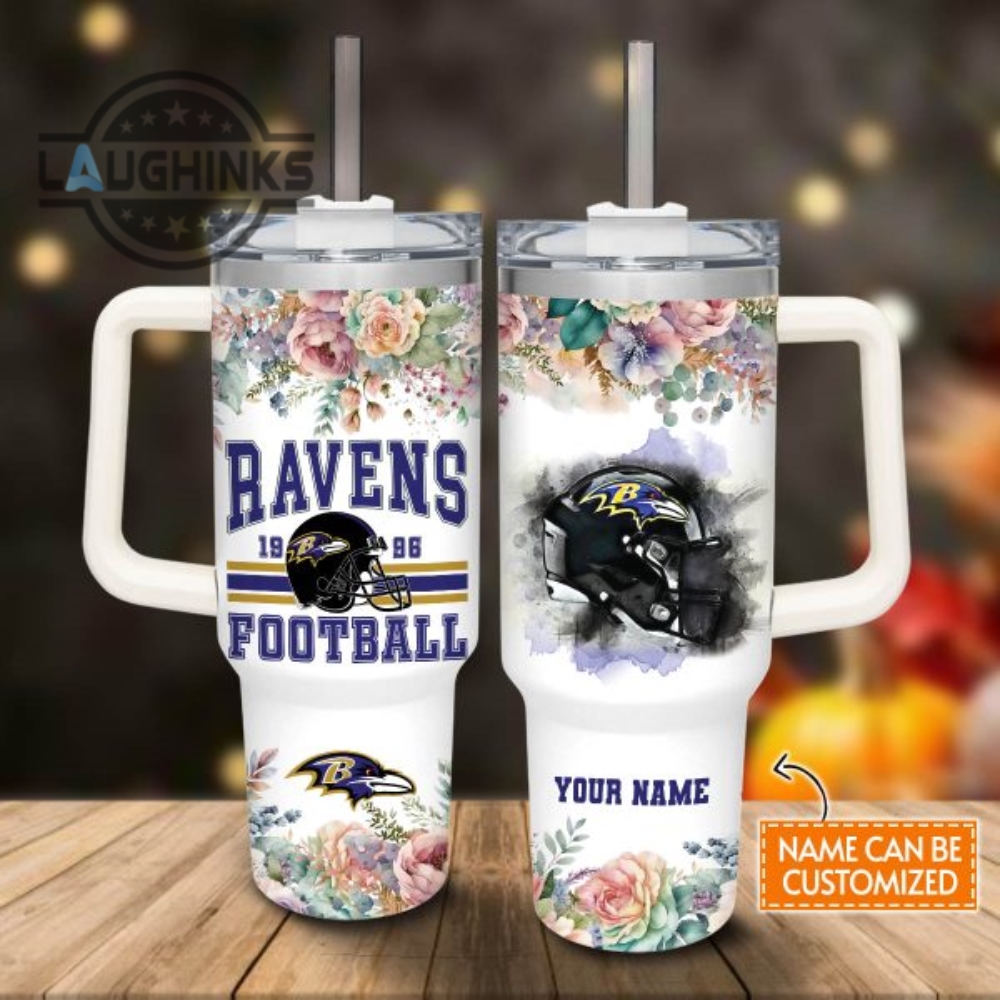 Custom Name Ravens Helmet Flame Pattern 40Oz Stainless Steel Tumbler With Handle And Straw Lid Personalized Stanley Tumbler Dupe 40 Oz Stainless Steel Travel Cups